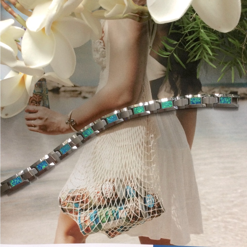 10MM ALOHA Tungsten Bracelet with inlaid Blue Opal.